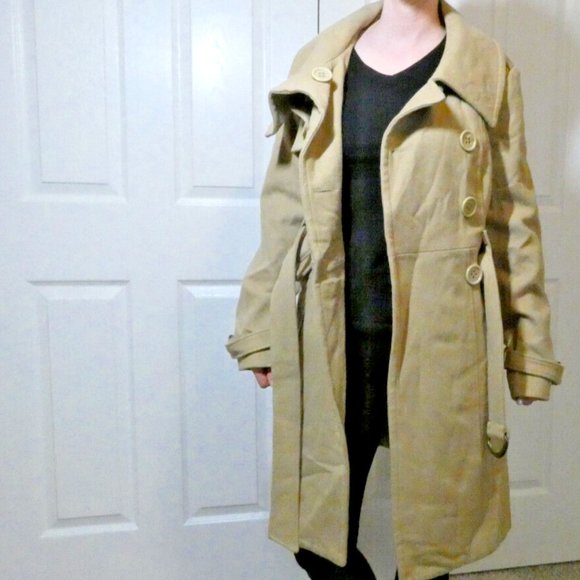 Brown Lambs Wool Trench Coat bebe Winter Warm Classic Double Breasted Women M - Picture 9 of 13